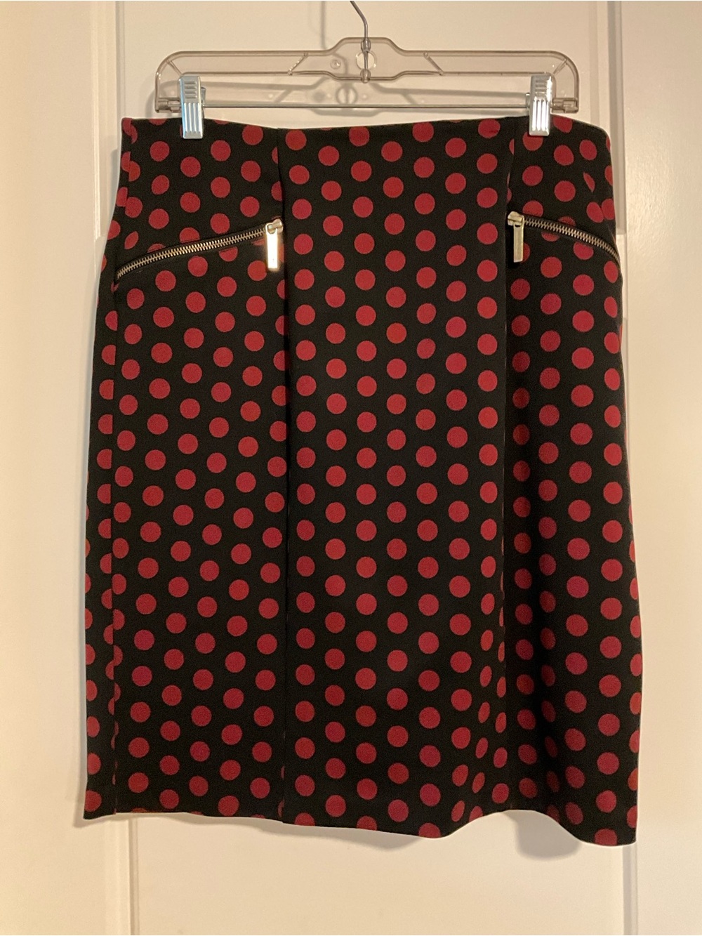 MICHAEL Kors Black and Burgundy Polka Dot Skirt with Front Zip Pockets.